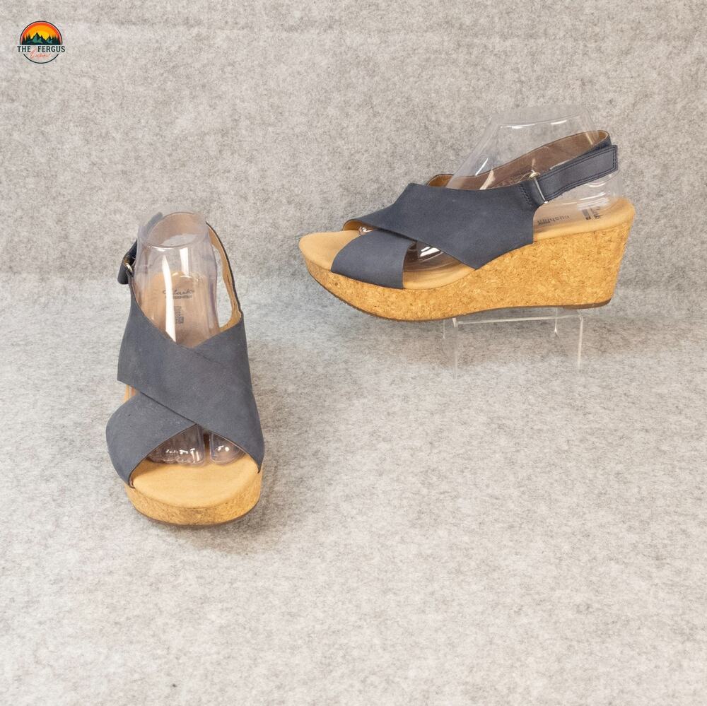 Clarks Artisan Wedge Heels Gray Leather Cork Boho Comfort Strap Women's Size 11W